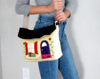 Felted Wool Handbag -- Little Yellow House Boiled Wool Bag -- OOAK