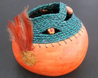 Small Gourd in Persimmon and Teal  Embellished with Feathers and Beads