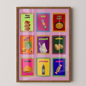 Peut inclure: Une affiche murale encadrée présentant une grille de neuf panneaux rectangulaires colorés sur un fond rose clair. Chaque panneau affiche une illustration différente de nourriture ou de boisson avec du texte arabe, incluant des collations et boissons.