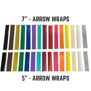 May include: A selection of 7-inch and 5-inch arrow wraps in various colors, including black, brown, gold, green, blue, purple, turquoise, red, pink, orange, yellow, beige, and gray.  7" - ARROW WRAPS and 5" - ARROW WRAPS are printed at the top and bottom of the image.