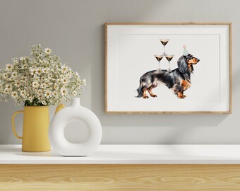 May include: A watercolor painting of a dachshund wearing a party hat and standing on a stack of martini glasses. The dachshund is brown and black with a white chest. The background is white.
