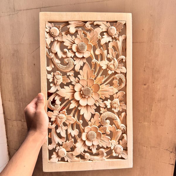 Blooming Flower Elegance in Natural Wood Relief – Exquisite Hand-Carved Rectangular Floral Wall Art