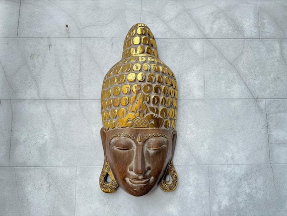 Exquisite Hand-Carved Wooden Buddha Wall Art with Gold Detailing