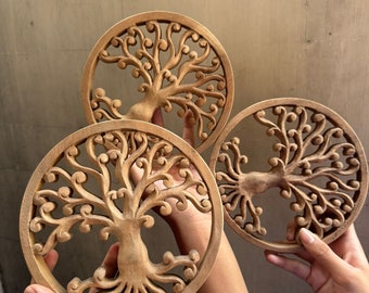 Set of 3 Tree of Life Wooden Wall Art - Hand-Carved Natural Decor - 8-Inch Each