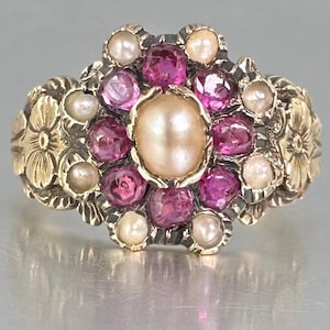 Antique Ruby Pearl Cluster Ring, 18 K Gold Georgian Carved floral shoulders M/6.25