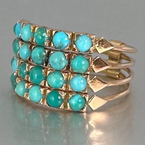 Antique Turquoise Hareem ring 19th century Five cojoined bands Multi band stacking ring 14 ct yellow gold  Size M,  US 6.25