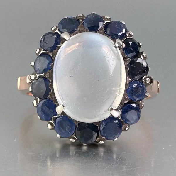 Antique Victorian Moonstone Sapphire Ring: 9ct Rose Gold, Size US 8.25 UK Q.5
