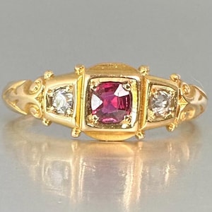 Antique Victorian ruby and old cut natural diamond ring 18 ct Solid Gold Hallmarked 1899  Ornate shoulders Engagement Ring Size L, US 5.75