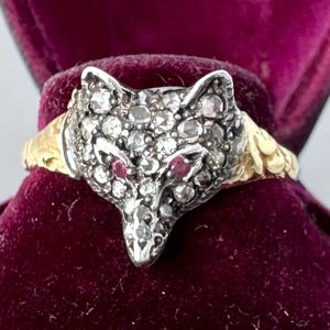 Antique Fox Ring 15 K and 9 K gold rubies, Rose Cut Diamonds Victorian
