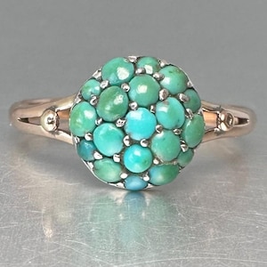 Antique turquoise dome cluster ring 9ct yellow gold Victorian / early 20th century split shoulders Statement Ring Size P.5  US 7.75 Sizable