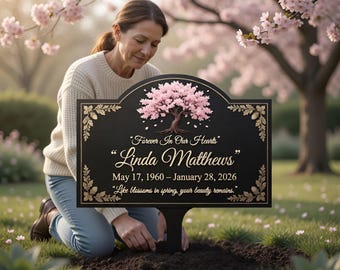 Custom Cherry Blossom Memorial Metal Sign, Personalized Name Garden Decor, Forever In Our Hearts Wall Art, Sympathy Gift for Loss