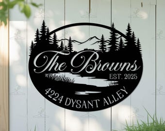 Letrero metálico personalizado para cabaña de montaña, placa con nombre y dirección familiar personalizada, decoración rústica para exteriores, letrero para casa de lago, regalo para parejas en cabaña