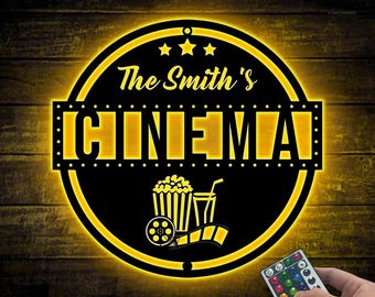 Personalized Movie And Popcorn Metal Wall Art LED Lights Custom Family Cinema Home Theater Name Sign Home Decor Man Cave Decoration Birthday