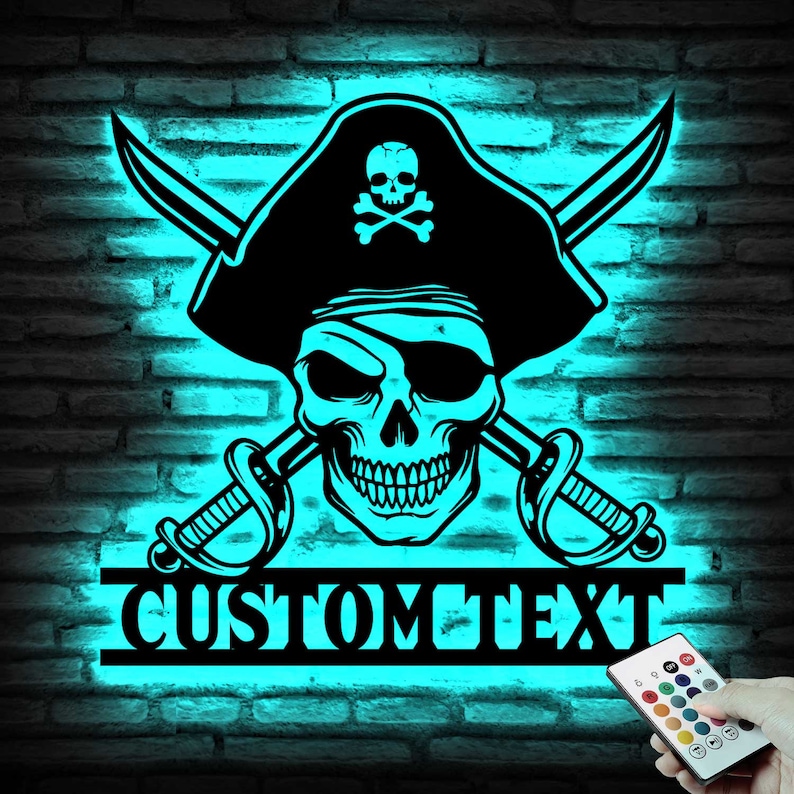 Custom Pirate Skull Metal Wall Art With LED Lights Personalized Pirate