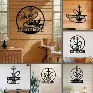May include: Black metal hookah wall art with a circular design. The design includes a hookah, smoke, and a cannabis leaf. The text "CUSTOM TEXT" is displayed below the hookah. The art is suitable for indoor or outdoor use.