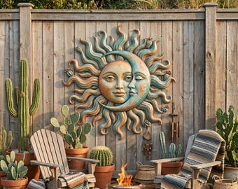 Rustic Sun Moon Outdoor Wall Decor, Celestial Garden Art, Modern Metal Sculpture, Patio Wall Accent