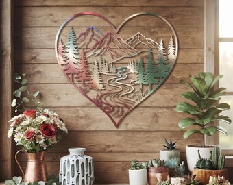 Heart Mountain Metal Wall Art, Forest Landscape Decor, Rustic Nature Wall Hanging, Mountain Lover Gift