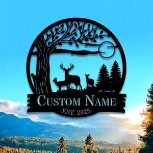 Letrero metálico de ciervo personalizado, letrero de bosque de ciervos, letrero personalizado con el nombre de un cazador de ciervos, arte mural de caza de ciervos, decoración de pared de caza de ciervos, decoración de cabaña de ciervos