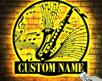 Customized Saxophone Musical Instrument Metal Wall Art LED Lights - Personalized Player Name Sign Home Decor - - Ideal for Home Decor & Gift