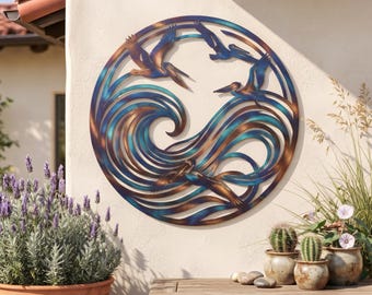 Pelican Ocean Wave Metal Wall Art, Coastal Bird Decor, Nautical Beach House Wall Hanging, Seaside Decor
