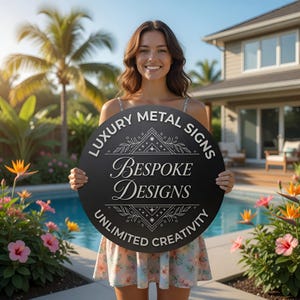 Puede incluir: Una mujer sostiene un letrero metálico negro y redondo con texto blanco que dice "LUXURY METAL SIGNS", "Bespoke Designs" y "UNLIMITED CREATIVITY". El letrero se muestra frente a una piscina y plantas tropicales.