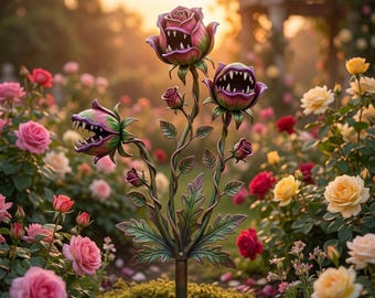 Carnivorous Rose Garden Stake, Gothic Metal Flower Decor, Unique Outdoor Yard Art