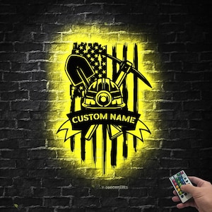 Placa de metal personalizada com LED para ferramentas de mineração, arte de parede para minerador de carvão, placa personalizada com nome de minerador, decoração para caverna de mineiro, decoração para mineração, presente para o Dia dos Pais