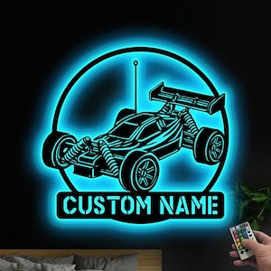 Personalized Radio Control Car Metal sign Wall Art LED Lights Custom RC Car Truck Name Sign Decor Remote Control Decoration Racer Christmas