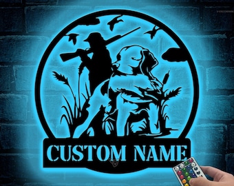 Letrero metálico personalizado de perro de caza con luz LED, decoración para caza de patos, letrero metálico con apellido, letrero con nombre de familia, regalo para cazadores de patos, Labrador Retriever