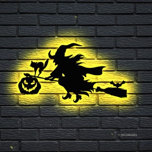 Led heks op haar vliegende bezem, haar vliegende metalen bord, bord spookhuis, eng bord, spookachtig bord, vliegende heks Halloween, Halloweencadeau