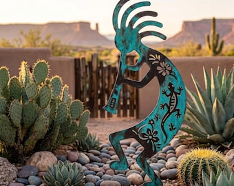 Kokopelli Garden Metal Stake, Southwestern Yard Art, Desert Lizard Decor, Native American Inspired Sign, Patio Accent