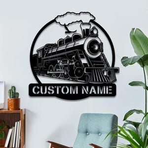 Arte de pared de tren con nombre personalizado, colgante de pared para entusiastas de los trenes, decoración de tren de vapor personalizada, arte ferroviario único con texto personalizado, letrero de tren