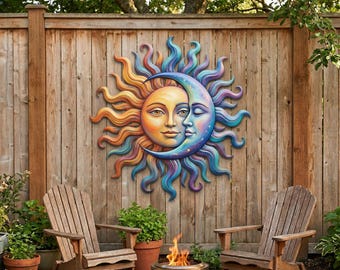 Sun and Moon Metal Wall Art, Celestial Garden Decor, Outdoor Sun Face Metal Sign, Large Moon Wall Sculpture