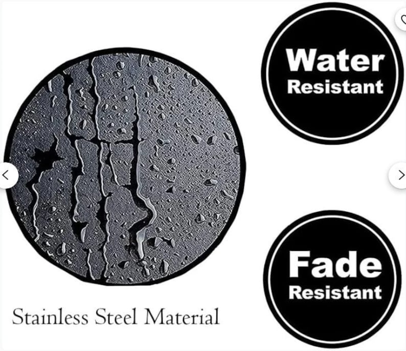 May include: A circular close-up of a dark gray textured surface covered in water droplets. Two black circular icons with white borders and text read Water Resistant and Fade Resistant. The text Stainless Steel Material is below.