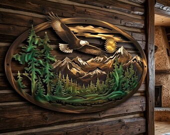 Flying Eagle Mountain Metal Wall Art, Soaring Bald Eagle Decor, Majestic Pine Forest Sculpture, Wilderness Lodge Artwork