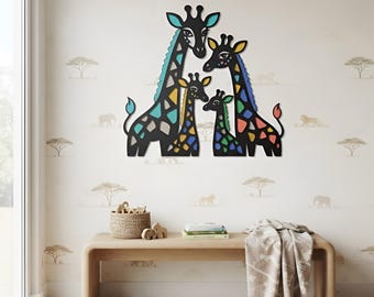 Giraffe Family Metal Wall Art, Colorful Safari Animal Decor, Nursery Wall Hanging, Kids Room Decor