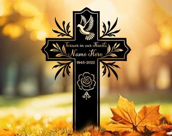 Personalisiertes Gedenkkreuz mit Taube, für immer in unseren Herzen, für immer in unseren Herzen, Verlust eines geliebten Beileidgeschenks, kundenspezifischer Grabmarker
