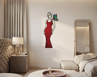 Butterfly Woman Metal Wall Art, Red Dress Lady Decor, Feminine Wall Hanging, Beauty Salon Decor, Gift for Her