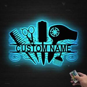 Hair Salon Metal Wall Art LED Light Custom, Personalized Hair Stylist Name Sign Decor, Hair Stylist Gifts, Gift For Hair Stylist, Hair Salon