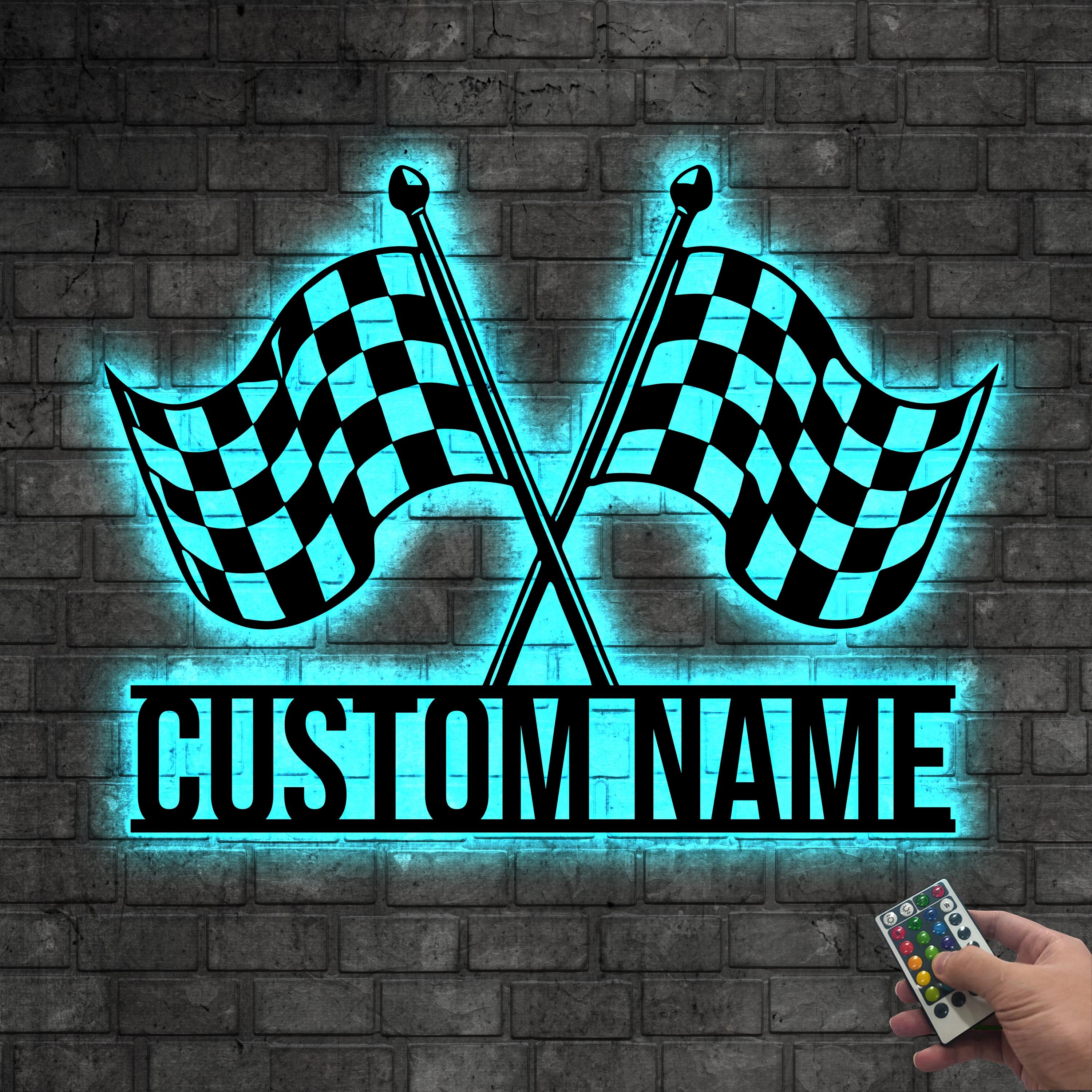 Custom Start Finish Racing Flag Metal Wall Art LED Lights, Personalized ...