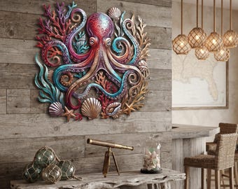 Coastal Metal Octopus Wall Art, Ocean Wall Decor, Sea Life Wall Hanging, Beach House Nautical Decor