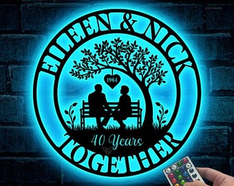 Regalo de 40 aniversario personalizado para padres, luz LED, letrero de aniversario de 40 años/cualquier año, regalo de aniversario de rubí, aniversario de bodas, pared de metal