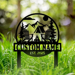 Custom Campsite Mountain Scene Garden Stake, Outdoor Retreat Welcome Sign, Camper Decor,Outdoor Decor Cabin Sign,Campsite Sign,Camper Decor