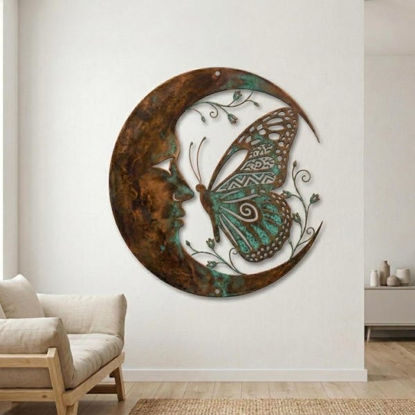 Decoración de pared de metal con luna creciente y mariposa, decoración de jardín celestial, adorno de pared con mariposa, símbolo de la diosa lunar.