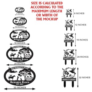 May include: A collection of black metal signs in various sizes ranging from 8 to 32 inches. The oval signs feature a ranch scene with a horse, dog, and chickens, while the garden stakes display a hummingbird and flower design with text.