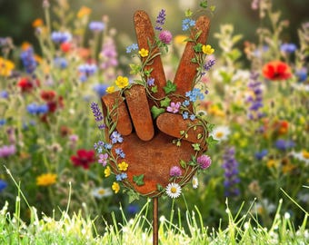 Peace Sign Garden Panel Stake, Metal Hand Garden Decor, Floral Outdoor Yard Art, Boho Garden Sign