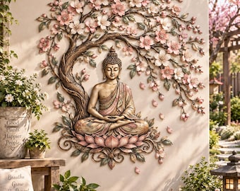 Buddha Metal Wall Art, Cherry Blossom Tree Decor, Lotus Meditation Art, Zen Garden Wall Decor