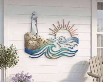 Coastal Lighthouse Metal Wall Art, Ocean Wave Decor, Nautical Wall Hanging, Beach House Home Decor