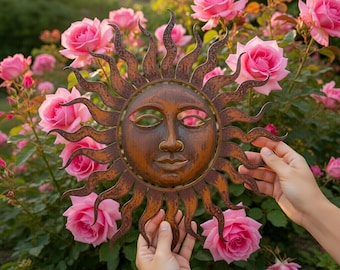 Sun Face Metal Garden Art, Rusted Metal Sun Wall Decor, Outdoor Patio Wall Decor