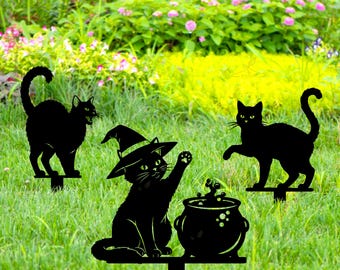 Estaca de metal para jardín con diseño de gato de Halloween, letrero exterior con diseño de gato brujo, decoración espeluznante para fiesta de Halloween, decoración de jardín con diseño de gato de calabaza, letrero de gato